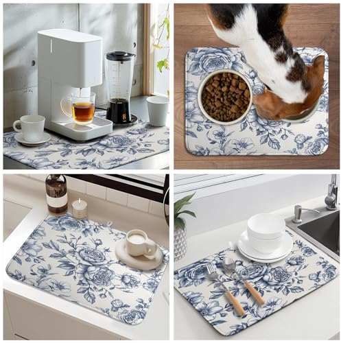Vintage Floral Dish Drying Mat for Kitchen Counter Blue Floral Chinoiserie Pattern Dish Drying Pad 18x24 In Absorbent French Farmhouse Decor Dishes Drainer Pad Dish Dry Rack Mat for Counter Coffee Bar