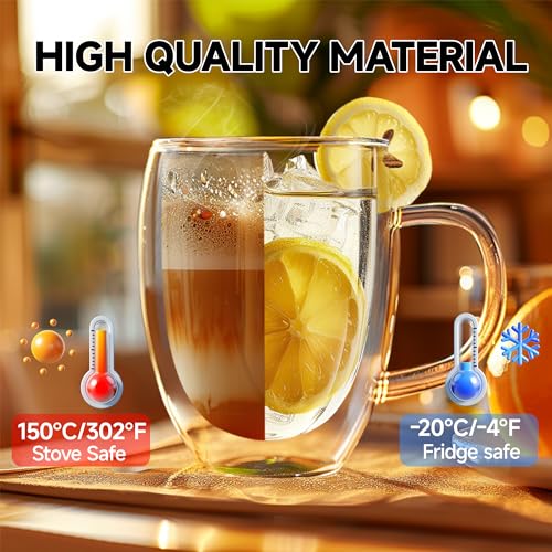 12 Ounces Set of 2 Double Walled Glass Coffee Mugs with Handle Insulated Layer Coffee Cups Borosilicate Glass Espresso Double Insulated Clear Glass Coffee Mug for Hot Beverages (2 Count)