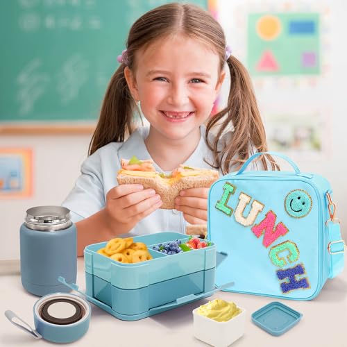 Lunch Box for Girl with 10oz Thermo 6 Compartment Bento Set Blue