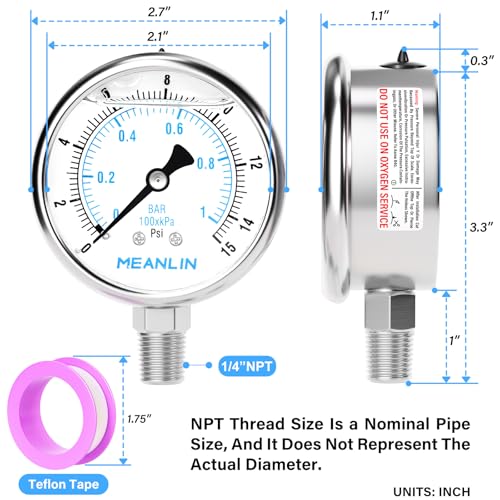 0~15Psi Liquid Filled Pressure Gauge Stainless Steel with 316 Stainless Steel Joint 1