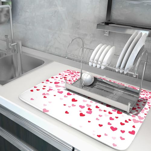 Valentine's Day Dish Drying Mat for Kitchen Counter Love Heart Kitchen Dish Drying Pad 18”x24” Absorbent Reversible Happy Valentine Dishes Drainer Pad Dish Drying Rack Mat for Countertop
