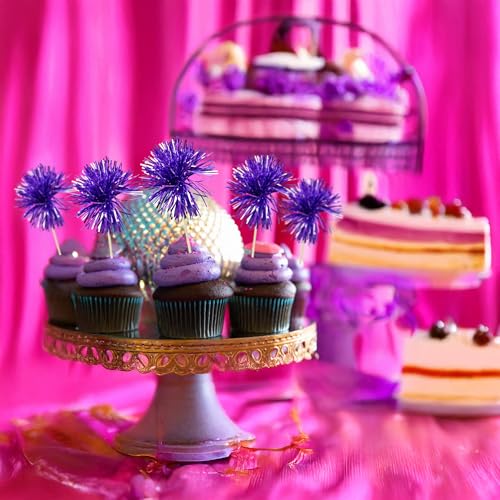 30Pcs Foil Firework Cupcake Toppers Party Birthday Cake Toppers Supplies Sparkle Tinsel Cocktail Fruit Toothpick for Birthday Wedding Graduation Party Supplies Purple (30 Count)