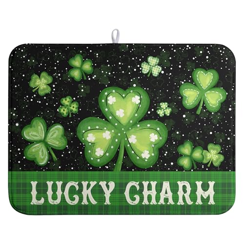 St Patricks Day Spring Dish Drying Mats St Patrick's Day Lucky Dish Mat Shamrock Drying Matt Dishes Dryer Pad for Kitchen Counter Absorbent Microfiber Washable Foldable Reusable 18x24 in