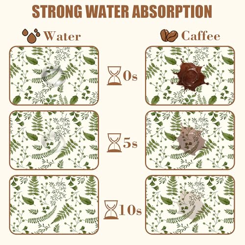 Green Leaf Coffee Mat Herb Dish Drying Mat for Kitchen Counter Hide Stain Rubber Backed Absorbent Coffee Bar Accessories Fit Under Espresso Machine
