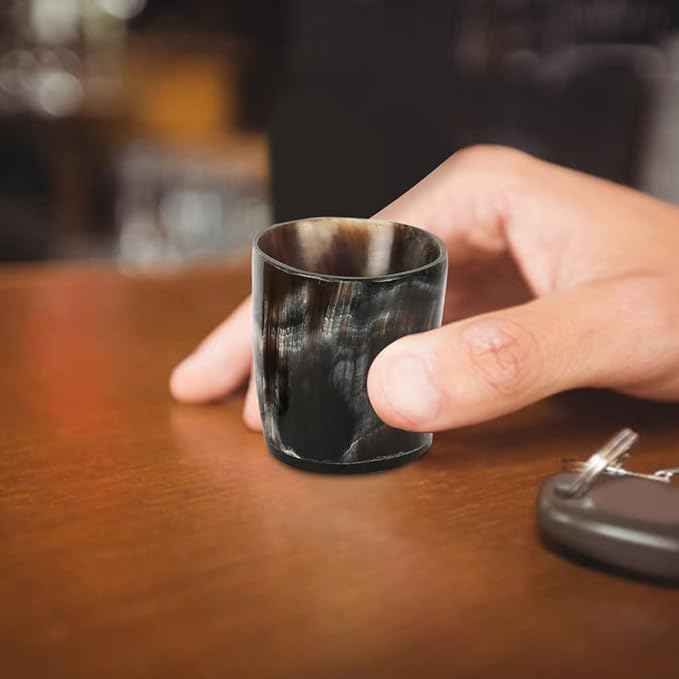 Handicrafts Home Handmade Horn Shot Glasses Set of 2, 3 oz Natural Viking Drinking Whiskey Shots for Cocktails & Parties- Medieval Decor Gift Set for Men & Groomsmen, Unique Bar Shot