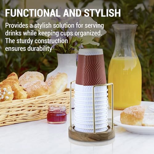 Premium Acacia Solid Wood and Brass Tone Metal Wire Countertop Plastic Cup Holder