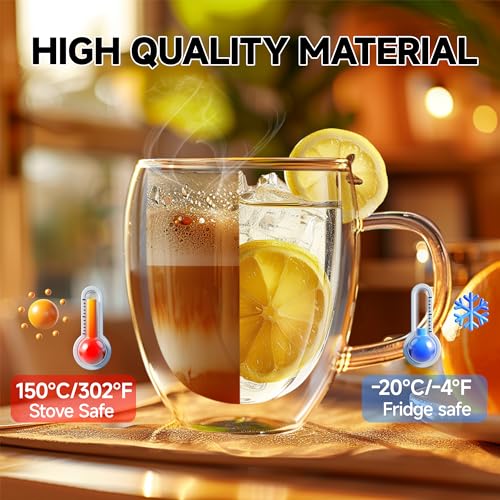 8 Ounces Set of 4 Double Walled Glass Coffee Mugs with with Handle Insulated Layer Coffee Cups Borosilicate Glass Espresso Double Insulated Clear Glass Coffee Mug for Hot Beverages (4 Count)