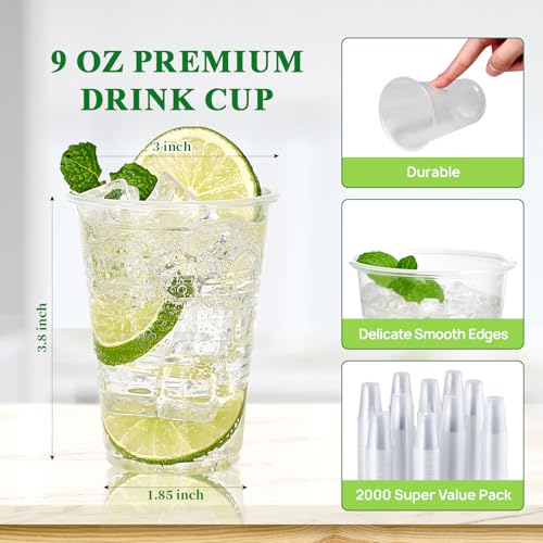 2000 Pack 9 OZ Clear Disposable Plastic Drinking Cups for Restaurant (2000 Count)
