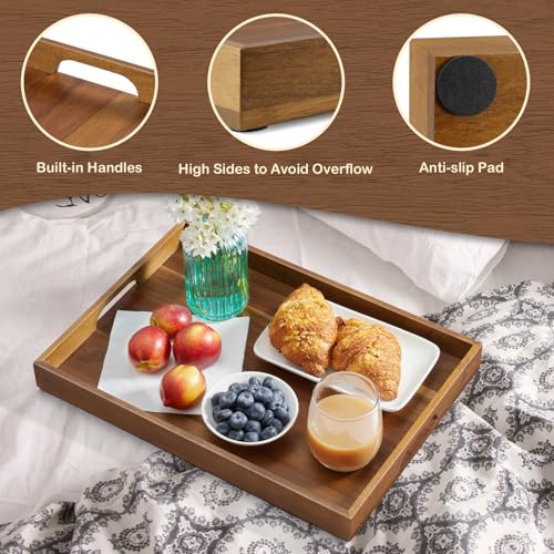 17 Inch Acacia Wood Serving Tray with Handles