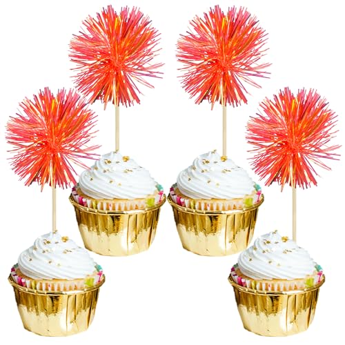30Pcs Foil Firework Cupcake Toppers Sparkle Tinsel Cake Toppers Tinsel Drink Cake Decoration Cocktail Picks for Birthday Wedding Graduation Party Supplies Dark Orange (30 Count)