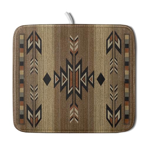 16"x18" Southwestern Dish Drying Mat Rustic Brown Tribal Ethnic Small Dish Drainer Mats Antique Native American Absorbent Microfiber Dish Drying Pad for Kitchen Countertop Decor