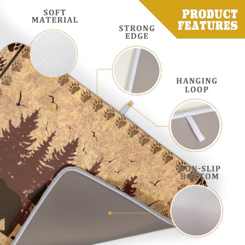 18"x24" Brown Bear Dish Drying Mat Rustic Forest Wildlife Woodland Dish Drainer Mats for Kitchen Countertop Farmhouse Animal Paw Print Fast Dry Microfiber Dish Drying Pad Decoration