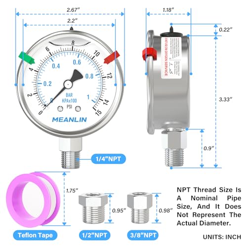 0~15Psi Stainless Steel Liquid Filled Pressure Gauge 2.5" FACE DIAL 1