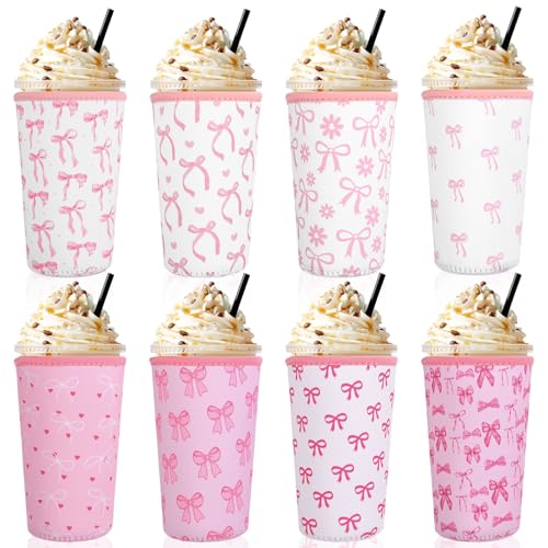 8 Pcs Pink Bow Iced Coffee Sleeve Reusable Neoprene Insulatord Cup Sleeve Coquette Bow Reusable Coffee Insulator Sleeves Holder for Cold Beverages Cups Cold and Hot Drinks