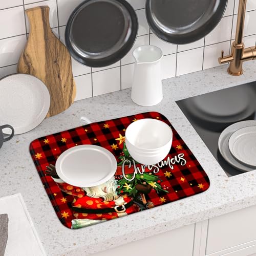 Merry Christmas Santa Claus Red Buffalo Plaid Dish Drying Mat for Kitchen Counter
