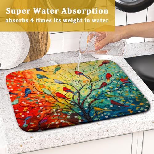 Colorful Spring Summer Tree Bird Dish Drying Mats for Kitchen Counter 16”x18” Absorbent Reversible Microfiber Spring Floral Dish Drying Pad Seasonal Flowers Mat Dish Draining Mat for Countertop Decor