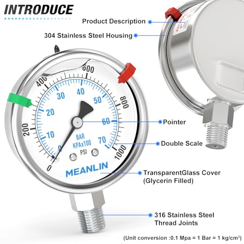 0~1000Psi Stainless Steel Liquid Filled Pressure Gauge 2.5" FACE DIAL 1