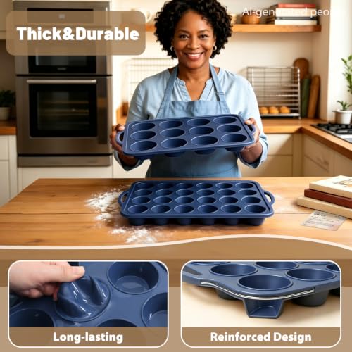 2 Pack Silicone Muffin Pan 12 & 24 with Frame Non Stick Cupcake Baking Tin (2 Count)