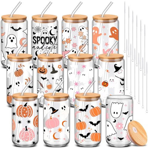 12 Pcs Halloween Ghost Glass Cups Bulk 16 oz Cute Pink Spooky Iced Coffee Cup with Lids Straws Pastel Pumpkin Bat Tumbler Funny Halloween Mug Gifts Boo Basket Stuffers for Her Women Adults (12 Count)