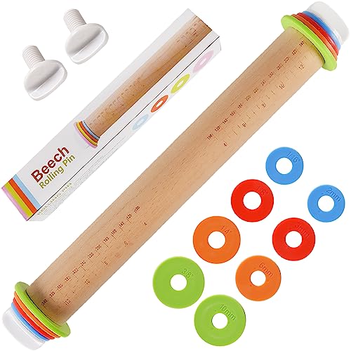 Wood Rolling Pin With 4 Adjustable Thickness Rings