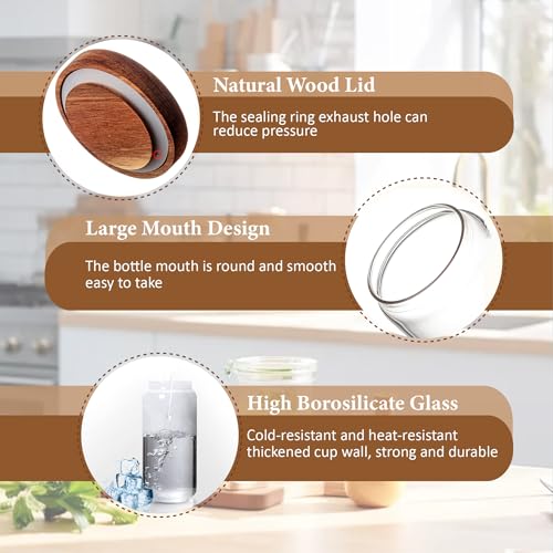 960ML 32Oz Clear Cute Glass Storage Canister Holder with Stackable Airtight Wood Lid