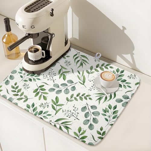 Sage Green Dish Drying Mat 18x24 In Absorbent Reversible Eucalyptus Leaves Plant Drying Mat Green Plant Dish Drying Rack Mat Spring Summer Themed Dish Drainer Mat for Kitchen Counter Coffee Bar