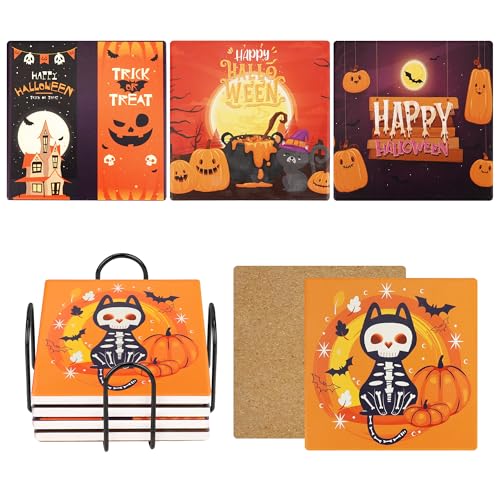 Halloween Coasters Absorbent Ceramic Coaster for Drinks with Black Holder and Cork Base Set of 4