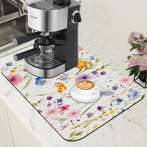 Watercolor Floral Meadow Coffee Mat Absorbent Dish Drying Mat for Kitchen Counter Hide Stain Rubber Backed Coffee Bar Accessories Fit Under Espresso Machine Dish Drainer