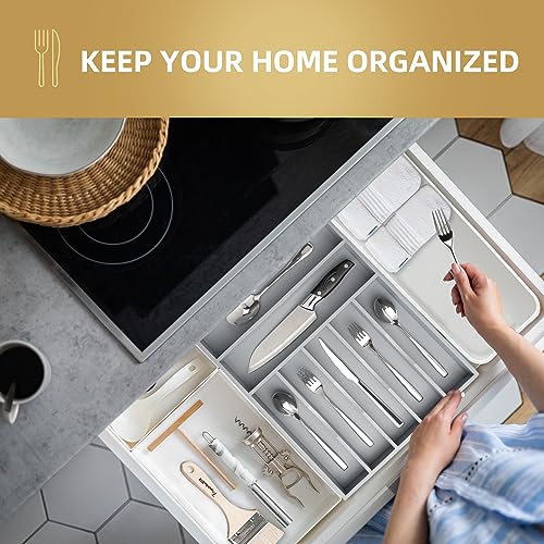Bamboo Silverware Holder Drawer Utensil Organizer with 7 Slots Gray