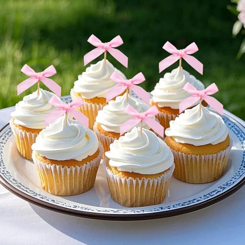 48Pcs Pink Bow Cupcake Toppers (48 Count)