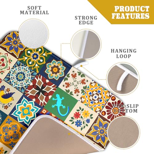 Mexican Tile Dish Drying Mat 16"x18" Talavera Boho Floral Print Dish Drainer Mats Rustic Ethnic Traditional Reversible Small Dish Drying Pad Protector for Kitchen Countertop Decor