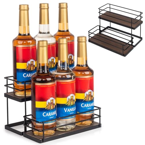 6 Bottle Capacity Coffee Syrup Organizer 2 Tier Coffee Syrup Stand Shelf for Coffee Bar Kitchen Small Wine Rack for Bar Family Storage for Syrup Wine Dressing (13.6 inch(es))