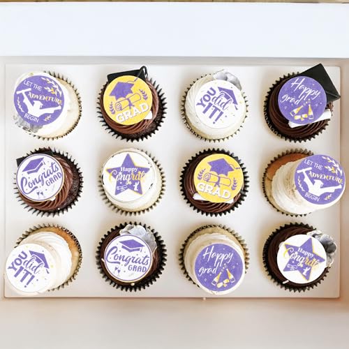 48Pcs 2026 Graduation Cupcake Toppers Wafer Paper Class of 2026 Cake Decorations Edible Congrats Grad Cupcake Picks for 2026 Graduation Theme Party Cake Supplies Gold Purple (48 Count)