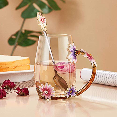 Enamel flower Glass Coffee Mug Tea Cup with Spoon Gifts For Women