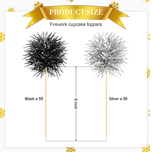 100 Pcs Foil Firework Cupcake Toppers Sparkle Tinsel Cake Toppers Cake Decoration Cocktail Fruit Toothpick for Birthday Wedding Graduation Party