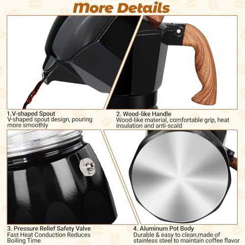 3 Cup Aluminum Moka Pot Classic Stovetop Espresso Coffee Maker 150ml 5oz Coffeemaker Percolator Mocha Pot Greca Coffee Maker Cafe Makers for Italian and Cuban Café Brewing Black
