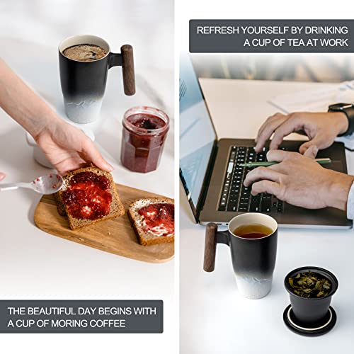 Tomotime Ceramic Tea Cup with Infuser and Lid Tea Mugs Wooden Handle 400ml