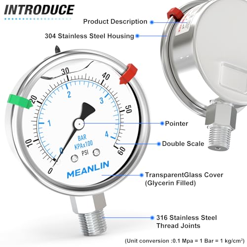 0~60Psi Liquid Filled Pressure Gauge Stainless Steel 2.5" FACE DIAL 1