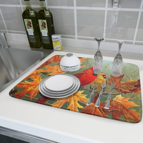 Fall Birds Dish Drying Mat 18x24 Inch Autumn Maple Leaf Tree Dish Drainer Mats Thanksgiving Decorative Microfiber Reversible Dish Drying Rack Pad Large for Kitchen Countertop Tabletop