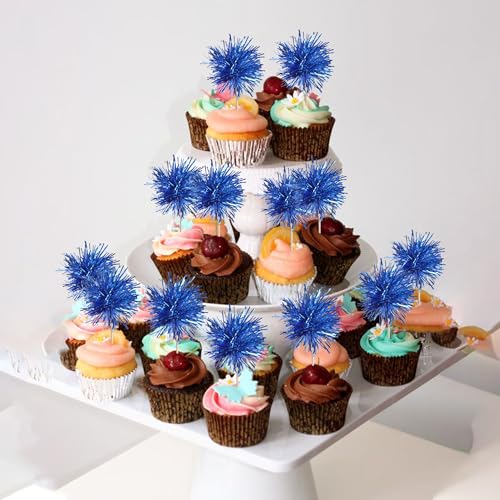 40 PCS Foil Firework Cupcake Toppers Sparkle Tinsel Cupcakae Picks Sparkler Fireworks Party Decorations Cocktail Fruit Toothpick for Birthday Wedding Graduation Party Decorations Supplies Dark Blue (40 Count)