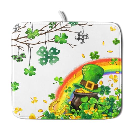 St Patrick Dish Drying Mat Small Lucky Clover Tree Shamrock Dish Drainer Mats 16x18inch Spring Elf Hat Rainbow Colorful Fast Drying Absorbent Dish Drying Pad for Kitchen Counter Decor