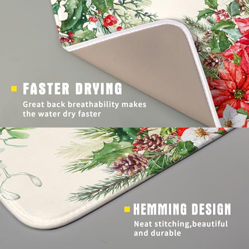 Poinsettia Dish Drying Mat for Countertop 16"x18" Christmas Red Floral Winter Holly Berries Flowers Dish Drainer Mats Microfiber Dish Drying Pad Protector for Kitchen Home Decor Small