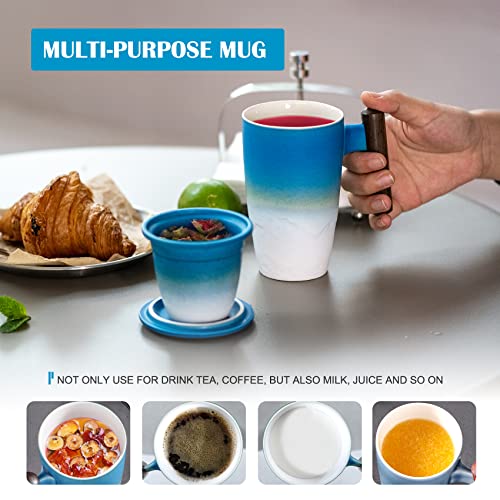 Tomotime Ceramic Tea Cup with Infuser and Lid Tea Mugs Wooden Handle 400ml