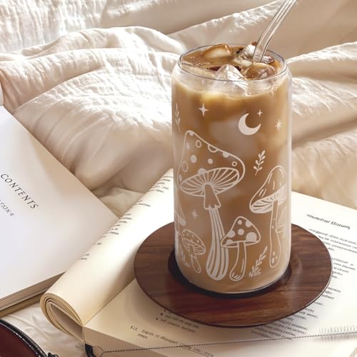Mushroom 16oz Can Glass Tumbler with Acrylic Lid & Straw