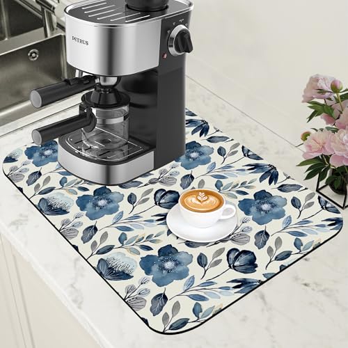 Blue Flowers Dish Drying Mat for Kitchen Counter Coffee Mat Hide Stain Absorbent Dish Drainer Rack Pad with Non