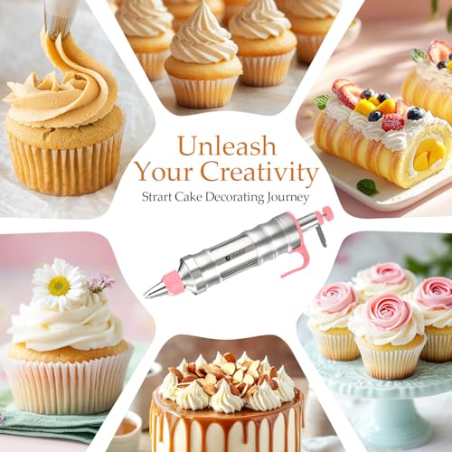 Dessert Decorating Syringe Set Icing Piping Kit Frosting Piping Kit Stainless Steels Cake Decorating Kit with 10 food grade stainless steel piping tips & 50 Disposable Piping Bags (63 Count)