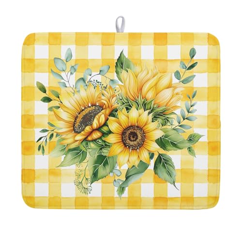 Sunflower Dish Drying Mat 16x18 Inch Absorbent Reversible Summer Sunflower Drying Mat Summer Plaid Dish Drying Rack Mat Yellow Summer Themed Dish Drainer Mat for Kitchen Counter Coffee Bar