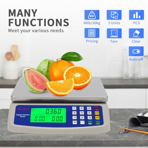 Large Digital Kitchen Scale 30KG Commercial Food Scale 66LB for Baking Bread Meat Stainless Steel Price Computing Scale LCD Display