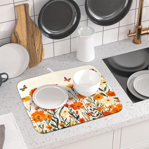 Fall Orange Wildflower Dish Drying Mat for Kitchen Counter