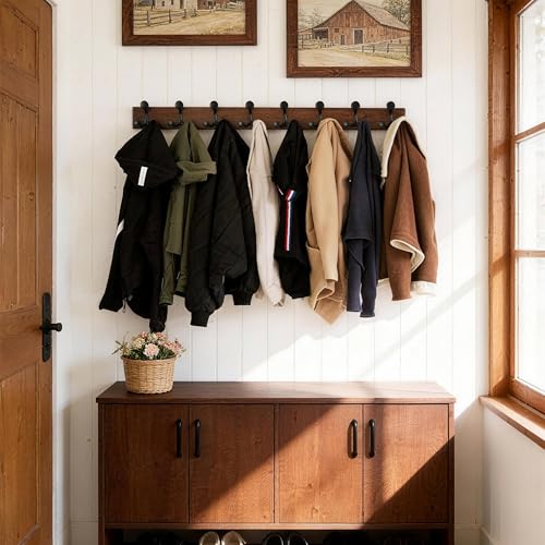 43 Inch Wood Burnt Coat Rack Wall Mount with 8 Triple Hooks (2 Count)